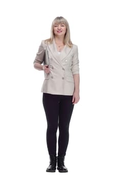 in full growth. responsible woman with clipboard looking forward . isolated on a white background.