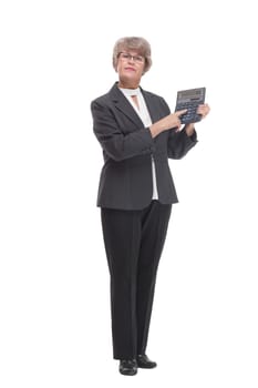 Happy mature woman with key on white background and pointed on them
