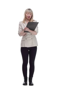 in full growth. attractive woman with a clipboard . isolated on a white background.