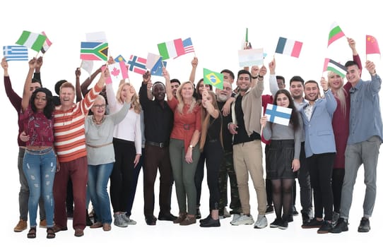 in full growth. group of diverse people with international flags . isolated on a white background.