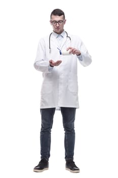 doctor with antiseptic in hand. isolated on a white background.