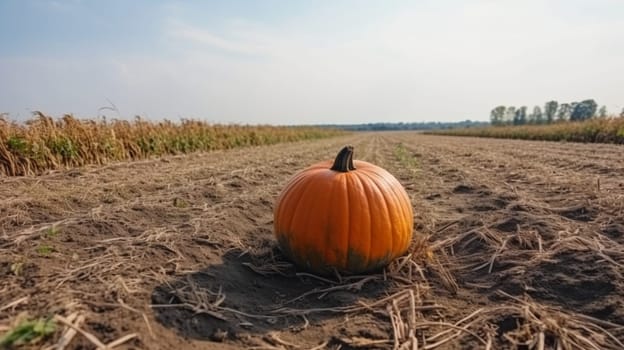 huge pumpkin on lawn over autumn nature background, banner for website