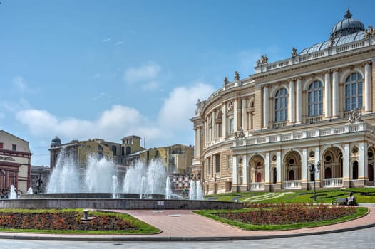 Odessa, Ukraine 15.04.2023. Fountain on the Theater Square in Odessa, Ukraine, on a sunny spring day