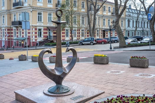 Odessa, Ukraine 15.04.2023. Symbol and logo of Odessa anchor-heart on the Theater Square in Odessa, Ukraine, on a sunny spring day