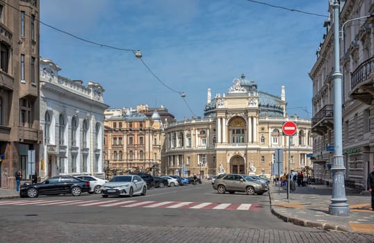 Odessa, Ukraine 15.04.2023. Deribasovskaya street in Odessa, Ukraine, on a sunny spring day