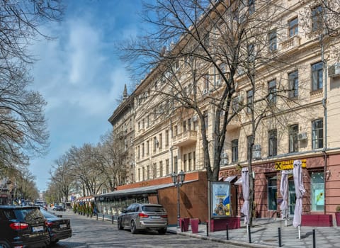 Odessa, Ukraine 15.04.2023. Amsterdam hotel in the Historical building on the Deribasovskaya street in Odessa, Ukraine, on a sunny spring day