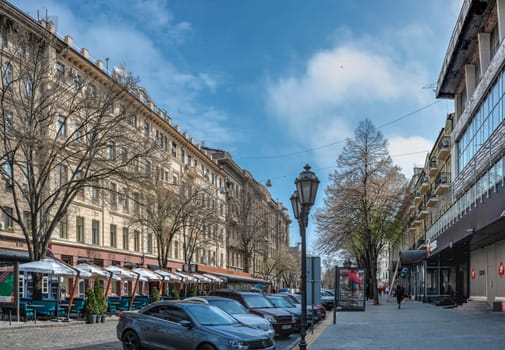 Odessa, Ukraine 15.04.2023. Amsterdam hotel in the Historical building on the Deribasovskaya street in Odessa, Ukraine, on a sunny spring day