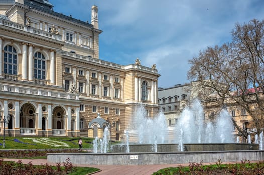 Odessa, Ukraine 15.04.2023. Fountain on the Theater Square in Odessa, Ukraine, on a sunny spring day