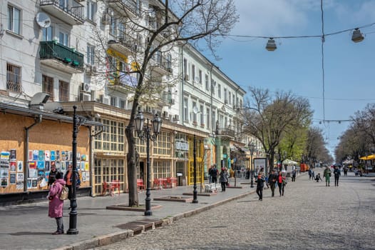 Odessa, Ukraine 15.04.2023. Deribasovskaya street in Odessa, Ukraine, on a sunny spring day