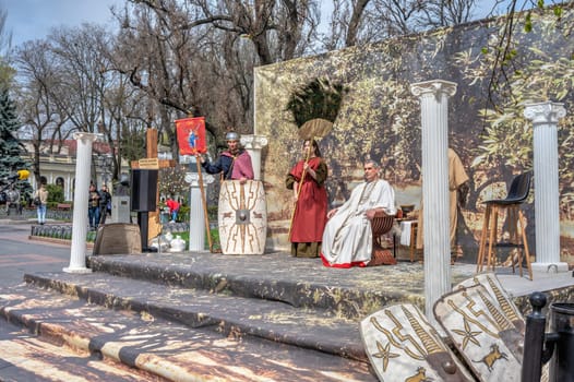 Odessa, Ukraine 15.04.2023. Easter theatrical show in historical center of Odessa, Ukraine, on a sunny spring day