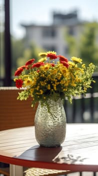 Bouquet of summer flowers in ceramic vase on table on terrace. Fresh Field flowers in vase. Cozy home decor of patio yard. Still life. Women day or wedding concept. festive background, 9:16