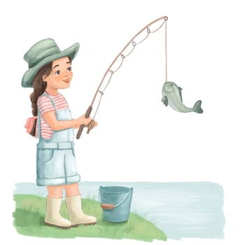 Little girl fishing. Full length of smiling girl holding fishing rod with fish on hook. Watercolor cartoon illustration isolated on white background.