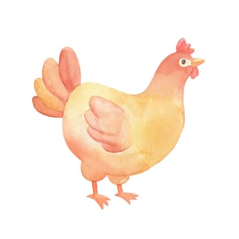 Cute cartoon chicken. Watercolor illustration isolated on white background. Farm animal hen