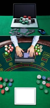 Collage of casino, online gambling, technology, people concept - close up of poker player with playing cards, laptop, chips at green casino table