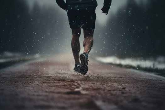 Man running on mud track. Athlete running fast in a park with dense trees in the background. High quality photo