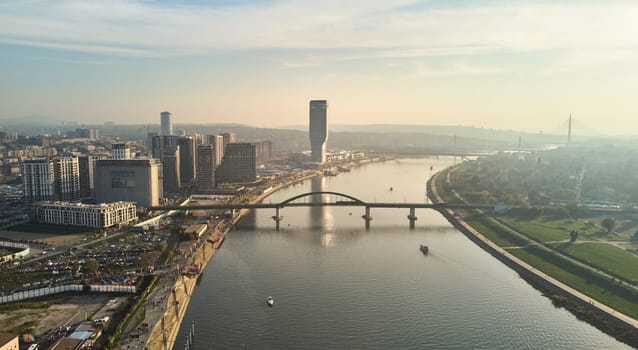 Aerial view of the new district of Belgrade - Belgrade on the water. View of the Sava river and the green bridge.