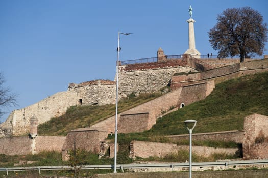 Belgrade, Serbia December 15, 2022: View of Kalemegdan and the monument to the winner Belgrade, Serbia. Kalemegdan fortress landscape. High quality photo