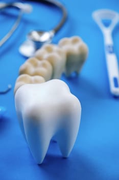 Dental model and dental equipment on blue background, Dentistry concept.