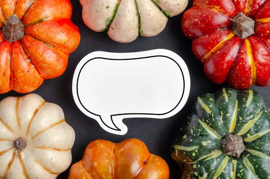 Heap of pumpkin and blank speech bubble on black colour background for your text or message.