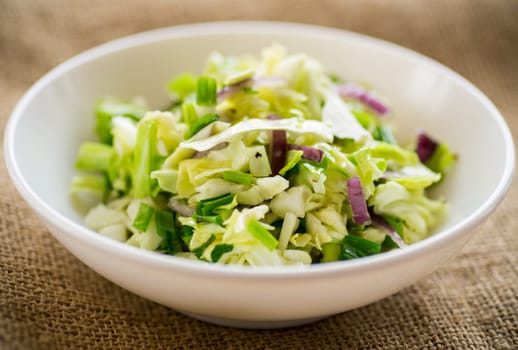 Young cabbage salad with purple onions in a bowl on a wooden table.