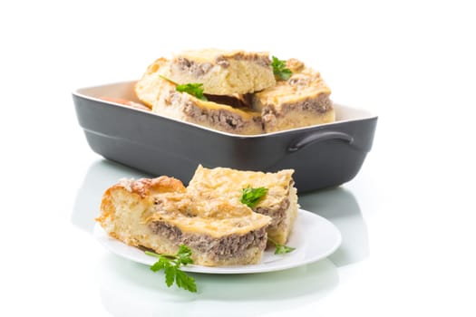 Cooked meat pie, pieces in a plate, isolated on a white background