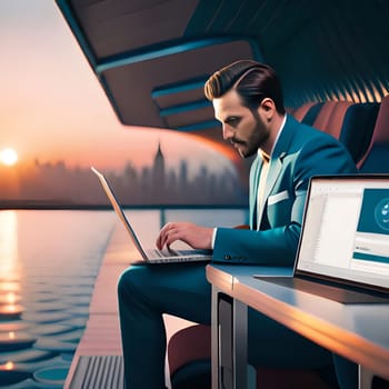 Businessman on a yacht with his laptop making transactions.-