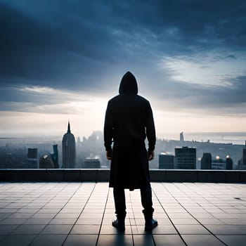 Hooded hacker on the roof of a building looking at the horizon with his back.-