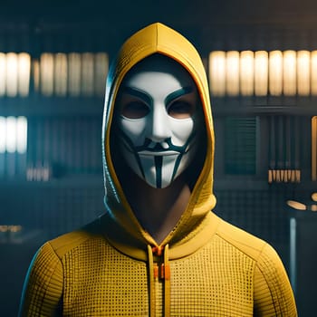 Hooded hacker looking straight ahead hiding his face with an anonymous mask.-