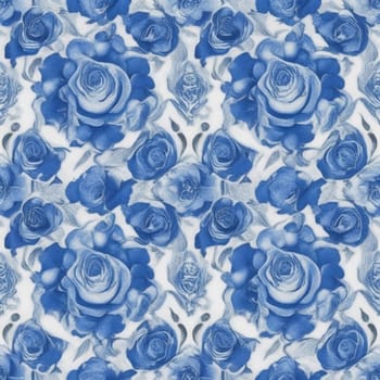 Symmetrical blue and white roses pattern style.-