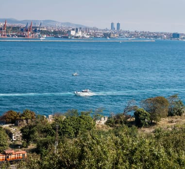 Panoramic view of the Bosphorus. The strait that connects the Black Sea to the Sea of Marmara and marks the boundary between the Europe and the Asia