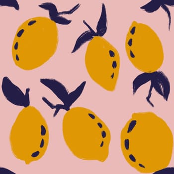 Hand drawn seamless pattern of yellow lemons with navy blue leaves on pink background. Modern sketch citrus fruit design, bright coloful summer tropical tree print
