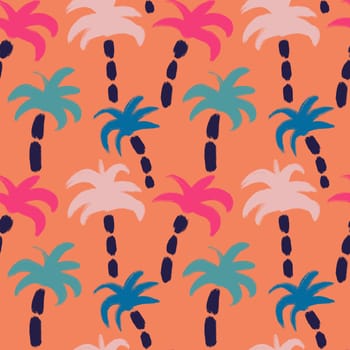 Hand drawn seamless pattern with pink blue palm trees on orange background. Tropical island beach summer print, coastal cocnut tree landscape design, bright y2k art