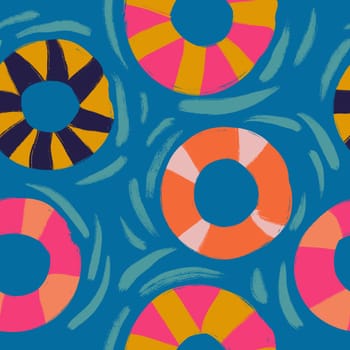 Hand drawn seamless pattern with pink yellow orange swimming rubber rings on blue water background. Float pool equipment lifebuoy lifesaver for children kids, bright vacation travel print sea ocean art