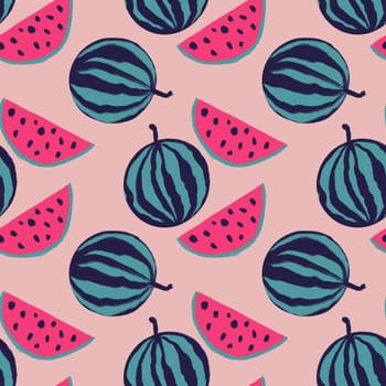 Hand drawn seamless pattern with pink blue watermelon fruit, colorful tropical food, bright summer holiday background. Juicy natural plant design y2k vintage retro