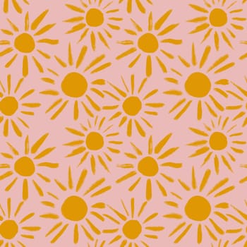 Hand drawn seamless pattern with yellow suns on pink background. Boho bohemian summer print, sunshine sunrise sunset design, kids children nursery decor, sunny abstract drawing