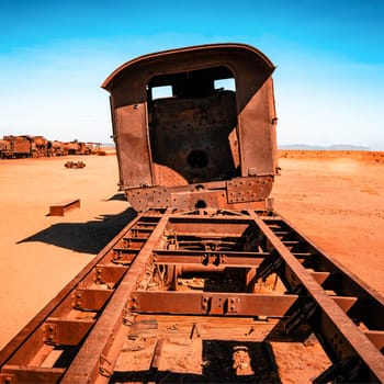 Old rusty steam train near Uyuni in Bolivia. Cemetery trains.