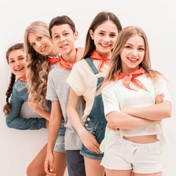 cute teenage children standing one by one on white background