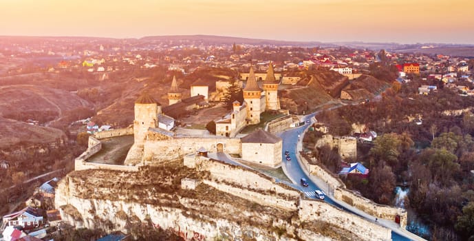 Aerial view of Kamianets Podilskyi fort in sunlight