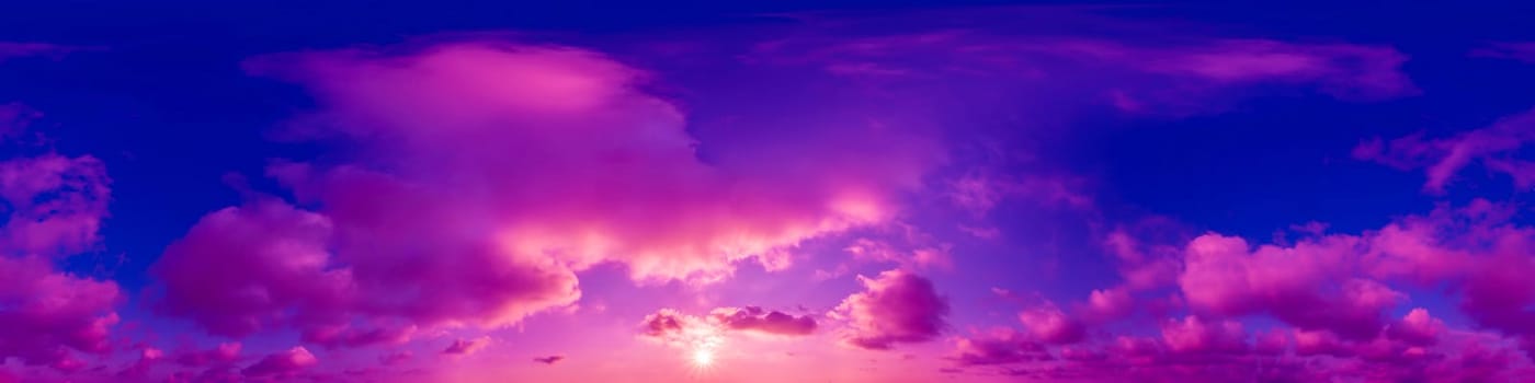 Dramatic magenta sunset sky panorama with magenta Cumulus clouds. Seamless hdr 360 pano in spherical equirectangular format. Complete zenith for 3D visualization, game and sky replacement for aerial drone panoramas.