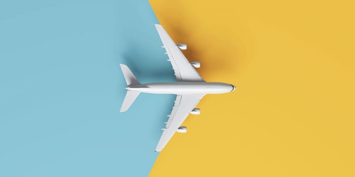 Flat lay design of travel concept with plane on yellow and blue runway. 3D rendering.