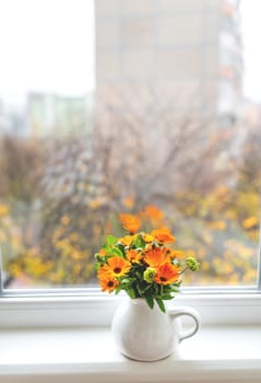 A bouquet of bright calendula in a milk vase stands on the windowsill, bright autumn with a window