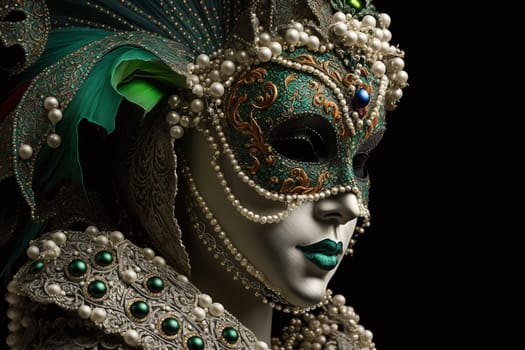 Carnival party festival mask. Colourful mardi gras beads, confetti, feathers. Popular Event in Brazil. Festive Mood.entertainment luxury . Generative AI