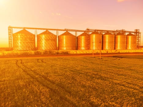 Grain elevator. Metal grain elevator in agricultural zone. Agriculture storage for harvest. Grain silos on green nature background. Exterior of agricultural factory