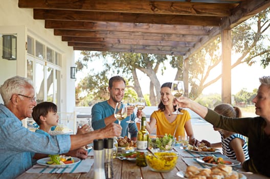 Family - celebrate the people and moments that matter. a happy family toasting with wine during a family lunch outdoors