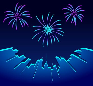 City skyline with festive fireworks. Glowing light over the city. Holiday cityscape jpeg illustration.