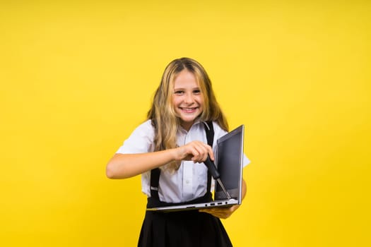 Funny little blonde kid girl 12-13 years old studio portrait. Childhood lifestyle conception