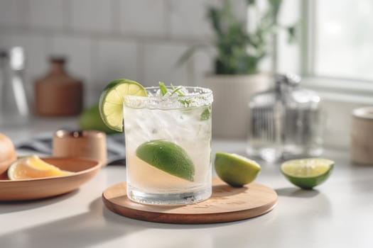 Refreshing classic Margarita cocktail with lime and mint on white table in white kitchen. Closeup photo with space for text.