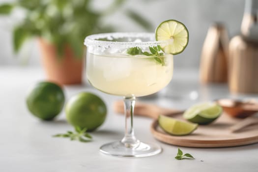 Refreshing classic Margarita cocktail with lime and mint on white table in white kitchen. Closeup photo with space for text.