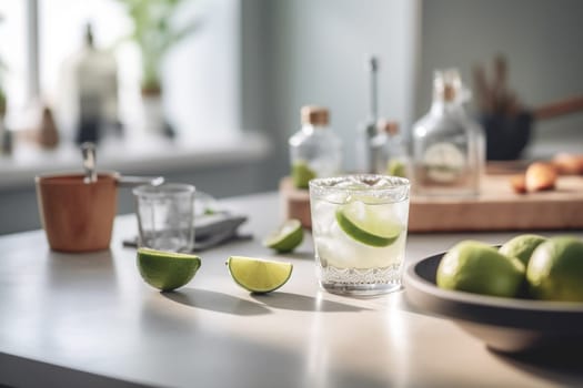 Refreshing classic Margarita cocktail with lime and mint on white table in white kitchen. Closeup photo with space for text.