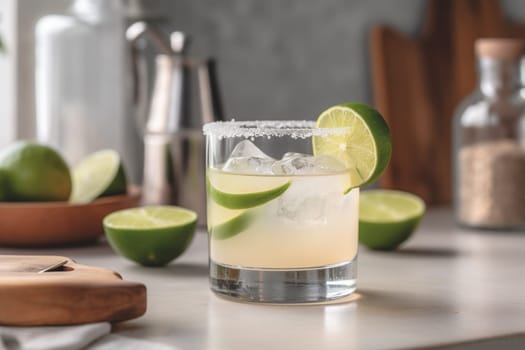 Refreshing classic Margarita cocktail with lime and mint on white table in white kitchen. Closeup photo with space for text.